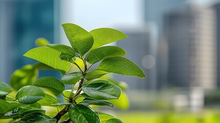 Poster - Vibrant Green Leaves Nature Cityscape Background