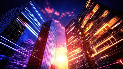 Aufkleber - Neon Cityscape Sunset Modern Architecture Vibrant Towers Illuminated Buildings