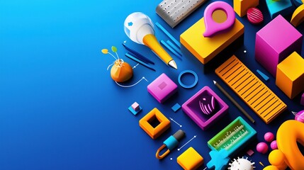 Poster - Colorful Abstract Shapes and Stationery Design Elements on Blue Background
