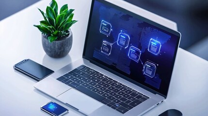 Fototapete - Modern Laptop Displaying Global Data Network and File Transfer System