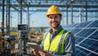 © Dwi - engineer inspect installation of solar panels installed check, using laptop or tablet at solar photovoltaic power station.