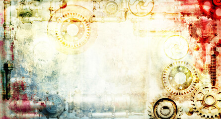 Wall Mural - Horizontal banner with frame with vintage metal details, pipelines, gear, rivets on retro paper texture. Mock up template. Copy space for text. Can be used for steampunk, industrial, mechanical design