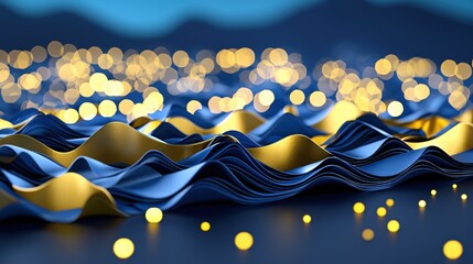 Aufkleber - Elegant Blue and Gold Abstract Waves with Golden Lights Background
