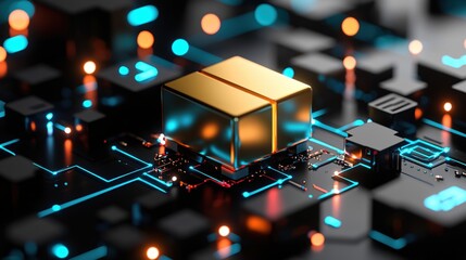 Poster - Golden Cube on Futuristic Circuit Board Abstract Technology Background