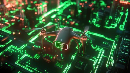 Poster - Futuristic Drone Technology Hovering Above Neon Circuit Board