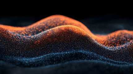 Poster - glowing orange particles wave, dark background, abstract tech