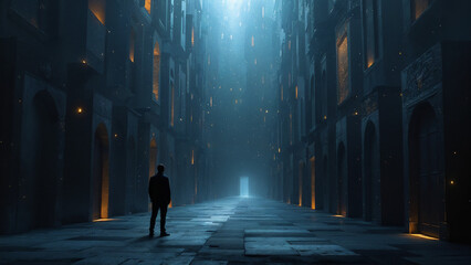Poster - silhouette of a person in an abstract world, path among doors and windows of buildings . Generative AI