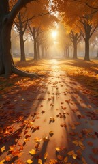 Wall Mural - The warm filtering light of a golden sunset casts long shadows across a carpet of autumn leaves and rustling tree branches, autumn leaves, sunlight