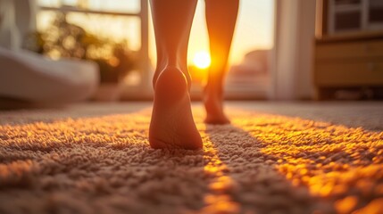 Poster - Bare feet softly touch the luxurious carpet, creating a peaceful ambiance. The warm glow of sunset filters through the window, enhancing the serene atmosphere of the room