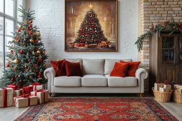 Wall Mural - Christmas tree with red and gold decorations, grey sofa by the window, and New Year's gifts on the floor in a modern living room. Cozy holiday interior design.