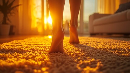 Poster - Golden sunlight streams through large windows, casting warmth on the plush carpet. A person walks gently, toes sinking into the fibers, creating a serene moment in a cozy living space