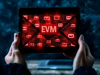 Poster - EVM email threat on tablet, dark background