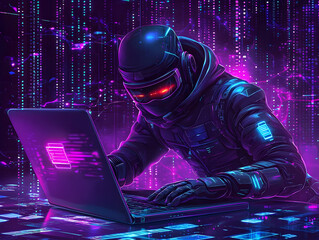 Poster - Cyber warrior coding, digital rain background