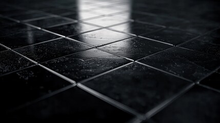 Aufkleber - A sleek black tile surface showcases polished reflections and intricate textures, creating a rich ambiance. The gentle light enhances the artistic appeal of this elegant flooring detail