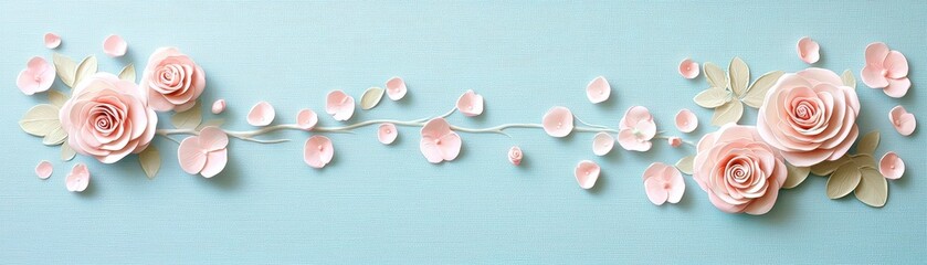Poster - Gentle Scattering of Pastel Pink Petals and Roses on Soft Blue Background for Serene Decor and Design