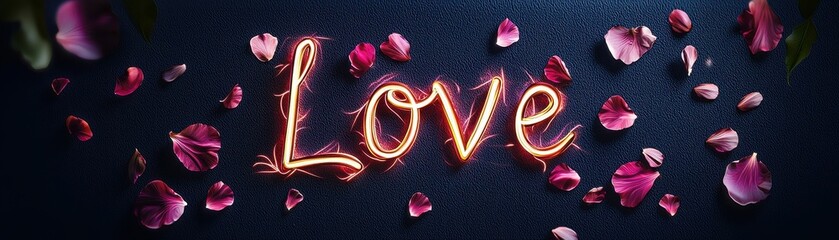 Poster - Glowing Floral Love Design with Petals on Dark Background for Romantic Themes
