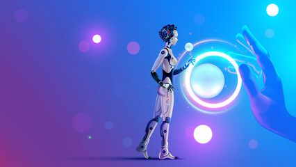 Leinwandbilder - Woman robot, cyborg with AI analysis big data. AI or artificial intelligence learning concept. AI technology. Computer neural network training in image of female robot. Machine Deep learning AI Robot.