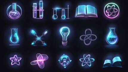 Poster - Science and education flat icons with laboratory equipment, books, telescope, microscope, rocket, hourglass, light bulb, atom and dna models, water, notes, gears, processor and graduation cap