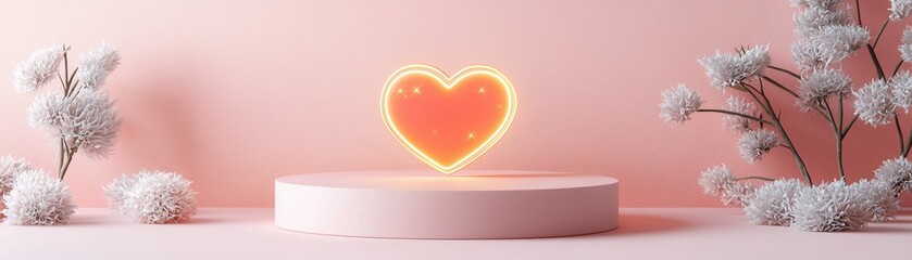 Poster - Soft Pink Backdrop with Glowing Heart and Delicate Flowers for Romantic or Inspirational Themes