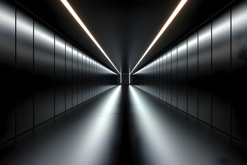 Poster - Futuristic corridor, bright lights, dark walls, sleek design, tech background