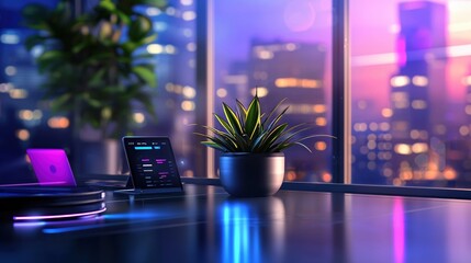 Poster - Modern Tech Minimalist Desk Setup Night City View