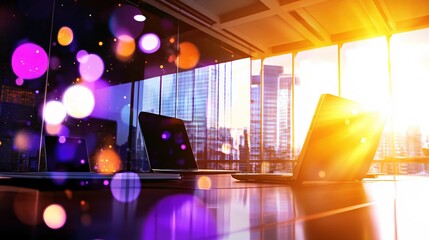 Poster - Modern Office Laptops Sunset Cityscape View  Business Technology Workspace