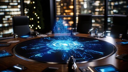 Poster - Futuristic Conference Table Hologram Technology Digital Business Meeting