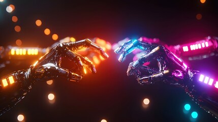 Poster - robotic hands reaching neon lights futuristic technology connection