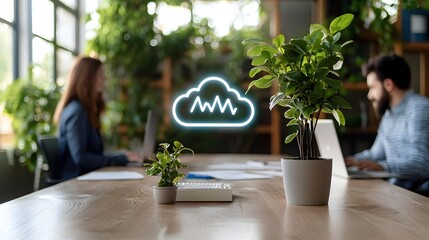 Poster - Modern Office Workspace Cloud Computing Technology Green Plants