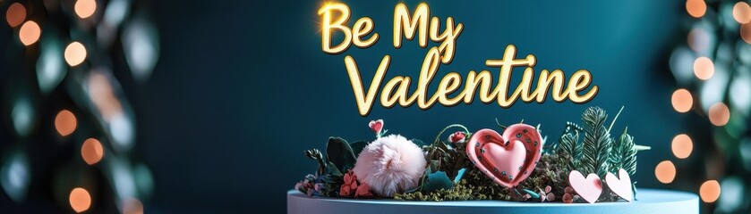 Poster - Whimsical Garden Scene with Podium Displaying 'Be My Valentine' Theme and Delicate Floral Arrangements