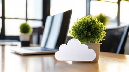 Poster - Modern Office Workspace Cloud Computing Concept Green Plant Laptop