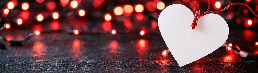 Poster - White Paper Heart on Red String Surrounded by Blurry Lights for Romantic and Holiday Themes