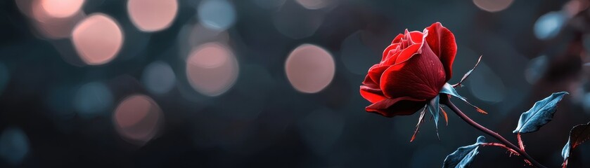 Poster - Artistic Composition of a Blooming Red Rose Against a Soft Background of Ethereal Bokeh Lights