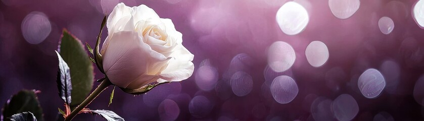 Poster - Enchanting White Rose Illuminated Against a Rich Purple Background with Gentle Bokeh Effect