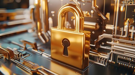 Poster - Golden Padlock on Futuristic Circuit Board Secure Digital Technology Concept