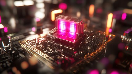 Poster - Futuristic Technology Computer Chip Glowing Pink Motherboard Circuit Board