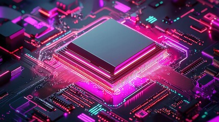 Poster - Neon Glow Futuristic Circuit Board Central Processor Unit Technology