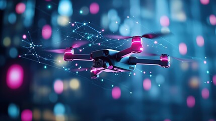 Poster - Futuristic Drone Flying Through Neon Cityscape Network