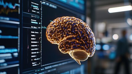 Poster - Illuminated Brain Model on Tech Screen Displaying Data