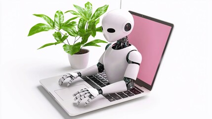 Poster - Robot Working on Laptop with Plant Modern Technology AI