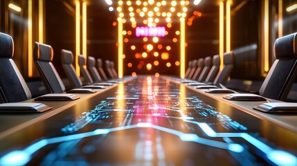 Poster - Futuristic Conference Table with Digital Interface Modern Boardroom Technology