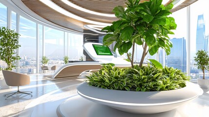 Poster - Modern Office Lobby Design with Greenery and City View Panoramic Windows