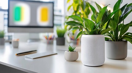 Poster - Modern Workspace Plants Speaker Minimalist Office Desk Design