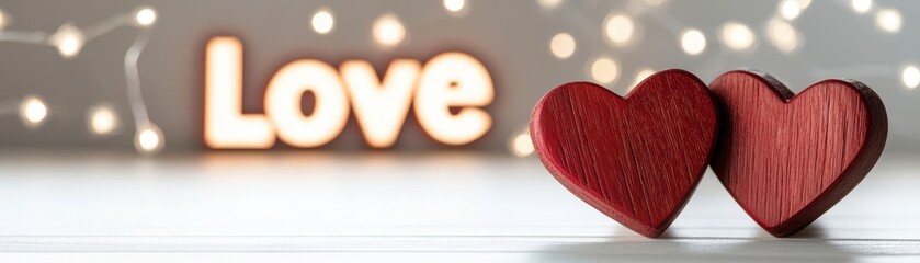 Poster - Red Wooden Hearts Framed Against Light Background with Love Text Creating Romantic Atmosphere for Decoration