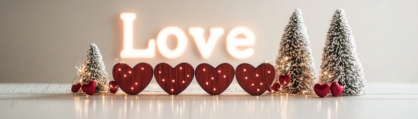 Poster - Charming Red Wooden Hearts Displayed with Festive Trees Against Soft Light Background