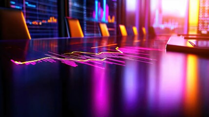 Poster - Neon Financial Data Graph on Modern Conference Table