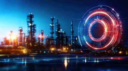 Poster - industrial technology futuristic cityscape night digital interface energy refinery