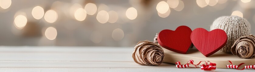 Poster - Red Wooden Hearts on Light Wood Surface with Beautiful Bokeh Background and Decorative Elements