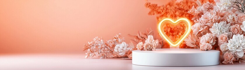 Poster - Romantic Pastel Tones with Glowing Neon Heart and Floral Arrangement on Soft Background