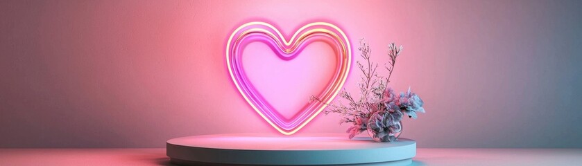 Poster - Romantic Pastel Neon Heart with Glowing Tones and Delicate Flowers on a Minimalist Display